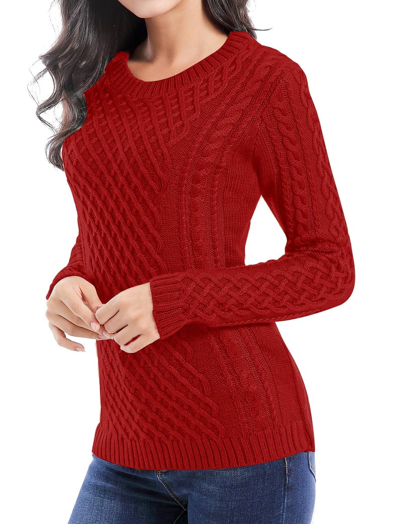 v28 Women Crew Neck Korea Knit Stretchable Elasticity Long Sleeve Sweater Jumper (S, Red) - Image 1